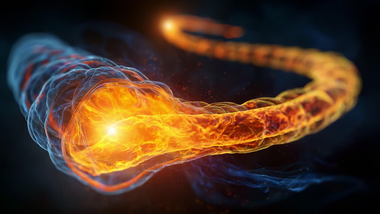 Dynamic Visualization of a Fiery Energy Wave in Motion, Demonstrating Brilliant Orange and Blue Trails with Sparks, Symbolizing Power and Vibrancy in an Abstract Style