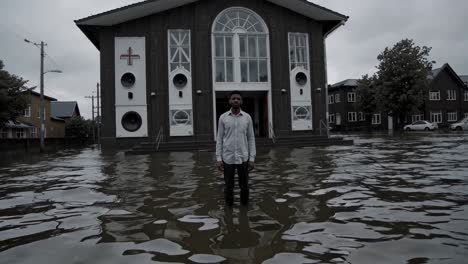 concerned man is standing in a flooded street in front of a church, possibly after a natural disaster, conveying a sense of despair and resilience in the face of adversity