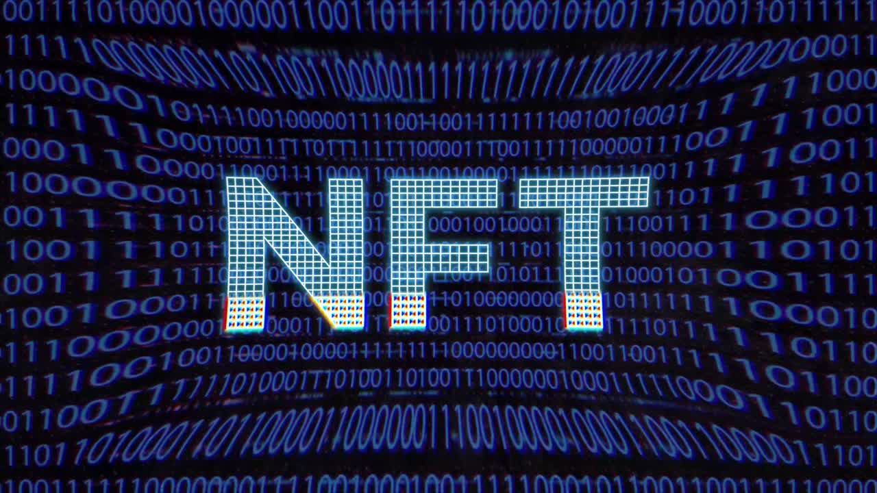Holographic Neon NFT Inscription On Binary Code Background Animation. NFT Metaverse Concept. 4K