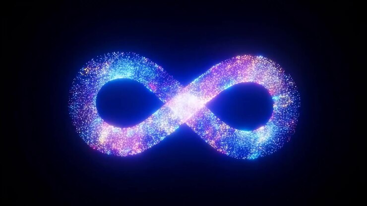 Glowing Neon Infinity Symbol Of Particles, Dynamic Loop Pulses With Blue And Pink Light, Shimmering Cosmic
