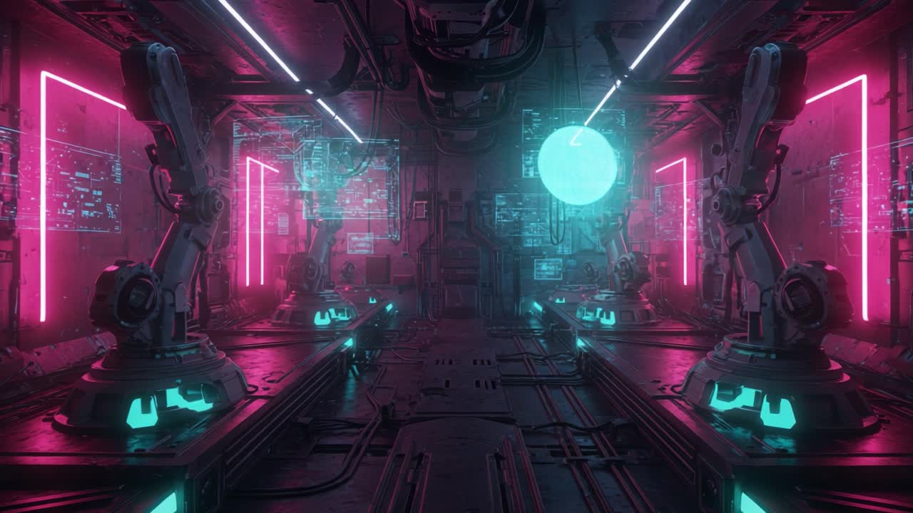 A Futuristic Robotic Laboratory with Neon Lights and Holographic Displays Showcasing High-Tech Connectivity and Automation in a Sci-Fi Environment