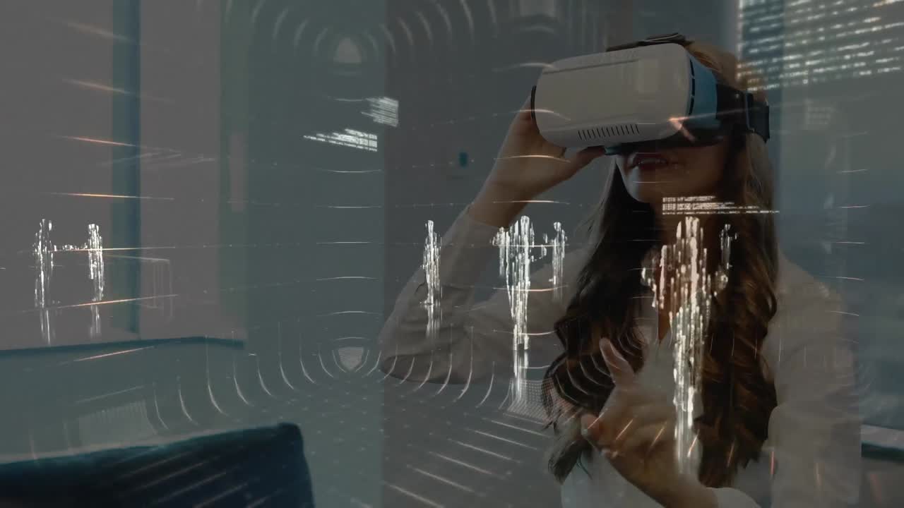 Animazione di elaborazione dati su donna che indossa un visore VR