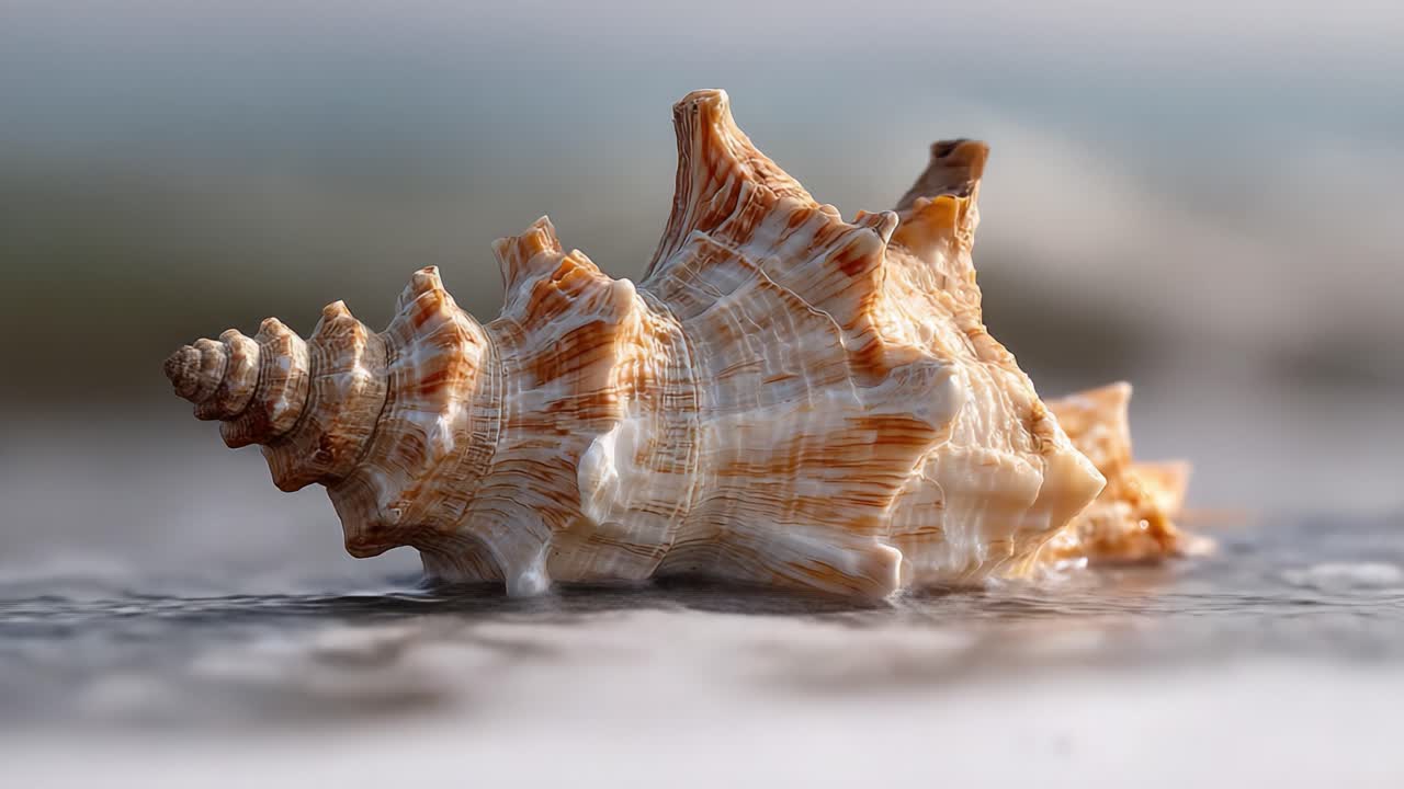 Beautiful Close-Up of a Spiraled Seashell Found on the Beach, Showcasing Intricate Patterns and Natural Colors Against a Soft Ocean Background