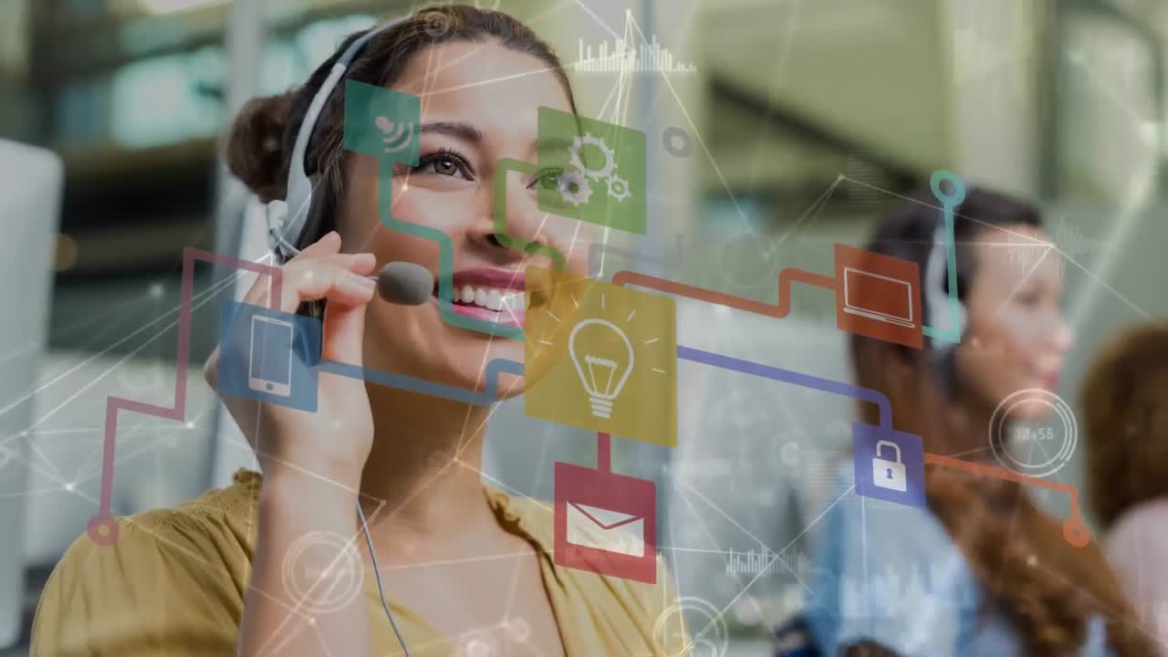 animación de la red de conexiones y procesamiento de datos sobre diversas personas de negocios en la oficina