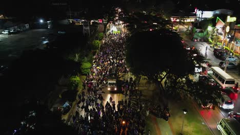 slow night flyover of women's day march on busy street, santa cruz bol