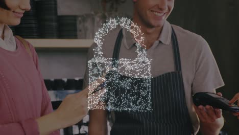 animation of network security padlock over people using payment terminal