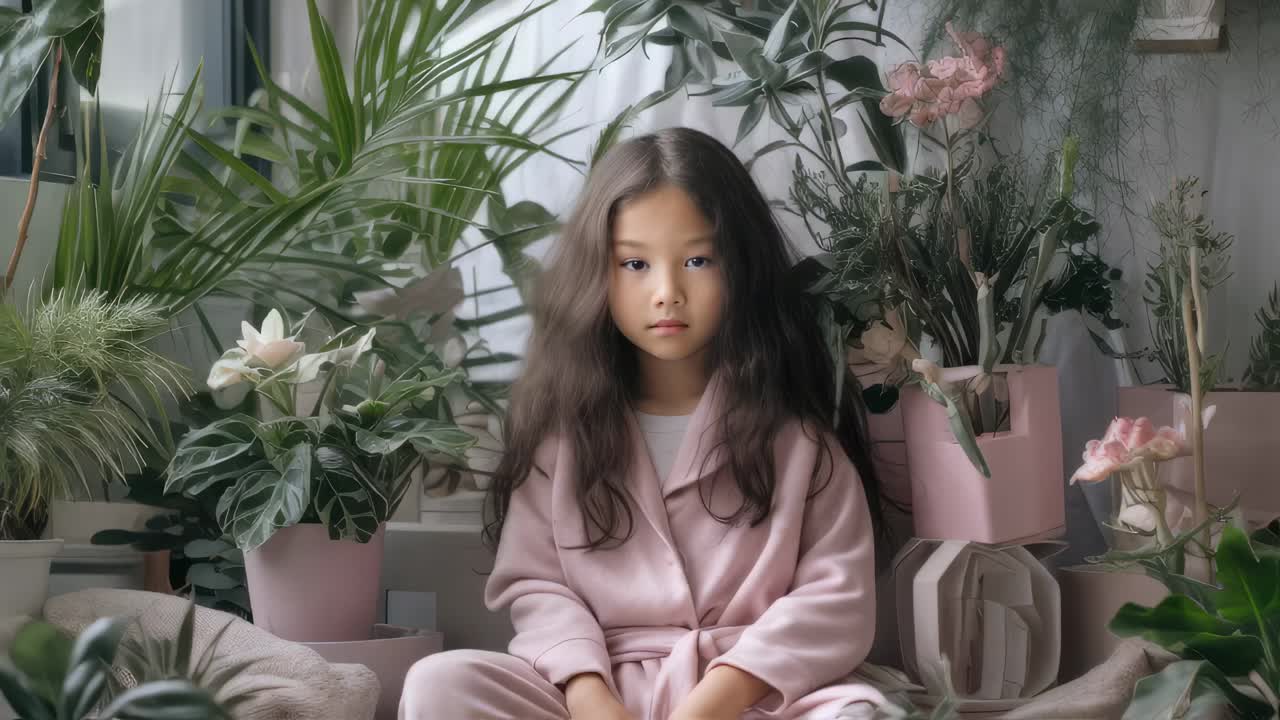 植物に囲まれたピンクのコートの女性