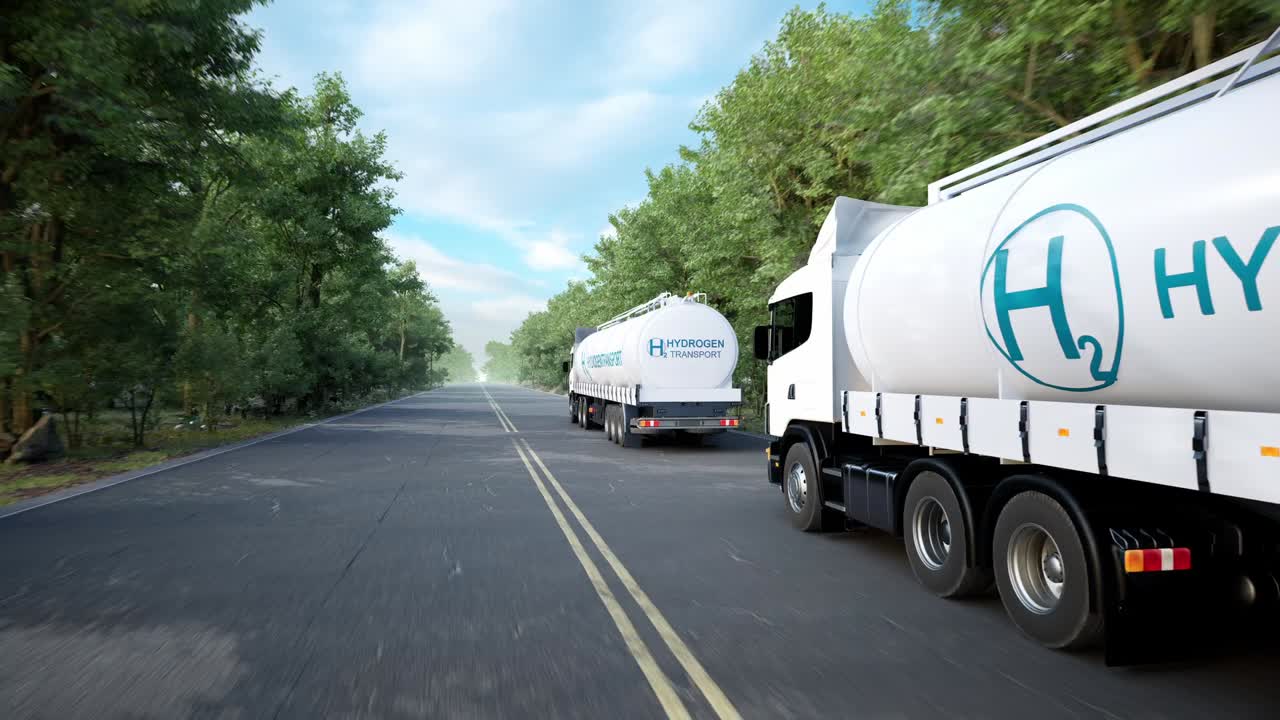 Hydrogen Logistics Concept. Truck With Gas Tank Trailer On The Road Lined
