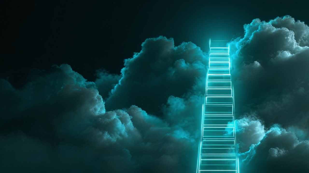 Mystical scene showing a glowing neon ladder ascending through dark, moving clouds into the night sky, symbolizing ambition, spiritual journey, progress, and reaching new heights or heaven