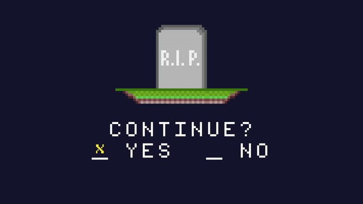 Pixelated tombstone descends onto grassy plot, displaying R