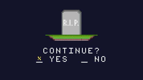 pixelated tombstone descends onto grassy plot, displaying r