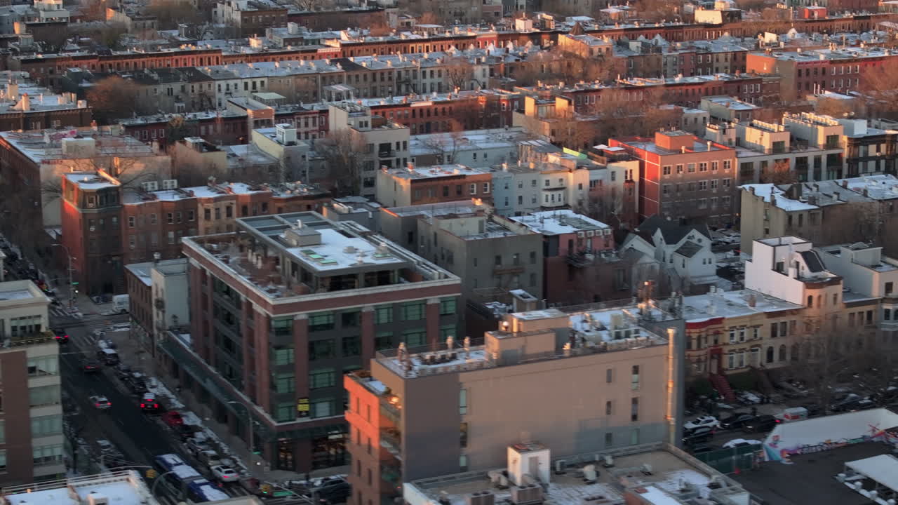Aerial view of Bedford-Stuyvesant Brooklyn on a winter day. Shot in New York City