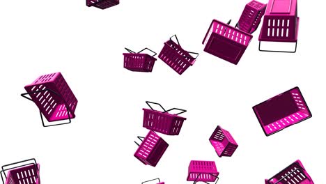 cestas de compras de plástico púrpura sobre un fondo blanco.