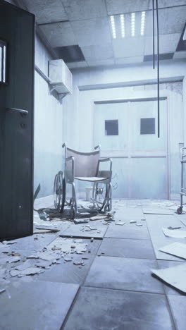 abandoned hospital room with wheelchair