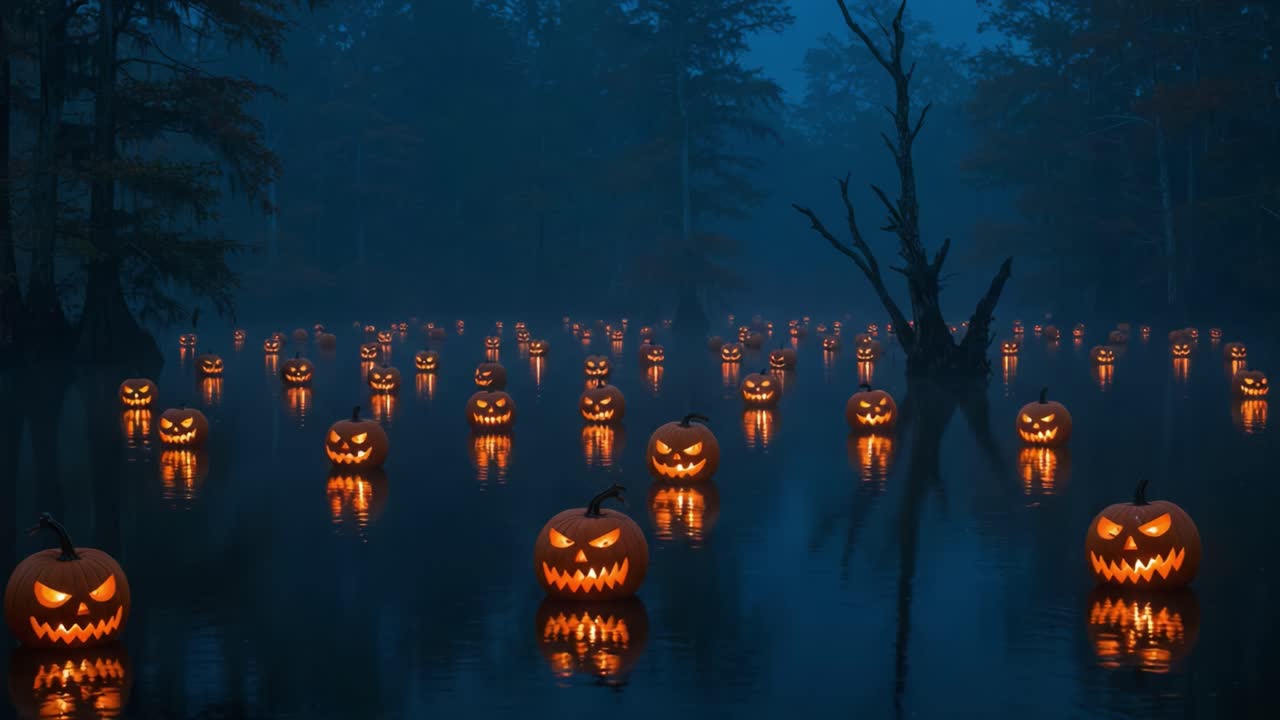 A Spooky Halloween Scene with Glowing Jack-o'-Lanterns Floating in a Misty Swamp, Creating an Eerie Atmosphere Amidst the Dark Woods