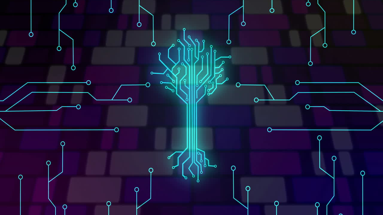 Glowing circuit-tree symbol spreading neon branches over dark mosaic tile pattern, flat 3D render