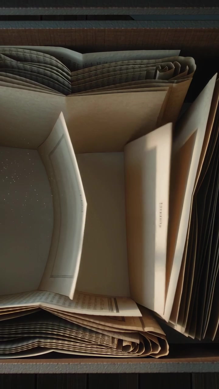 Vertical video: Lifting loose sheet releasing, swinging into shallow box, folded papers settling