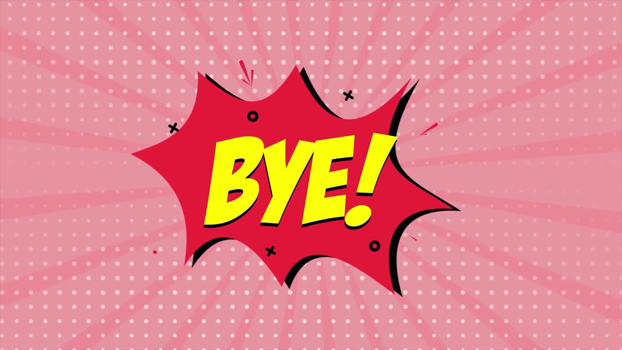 A comic strip cartoon animation, with the word Bye appearing. Red and halftone background, star shape effect