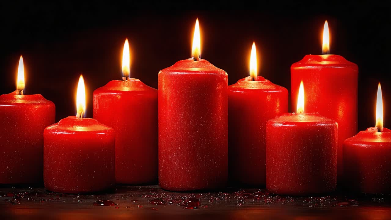 Una splendida disposizione di candele rosse luminose con fiamme tremolanti su uno sfondo scuro, perfetta per creare un'atmosfera di calore e serenità.
