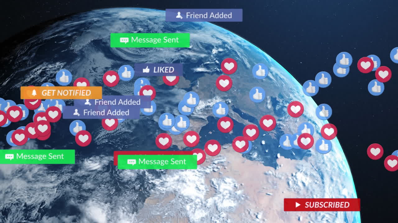 블루 배경에 전 세계에 디지털 아이콘이 있는 배너에 있는 소셜 미디어 텍스트의 애니메이션