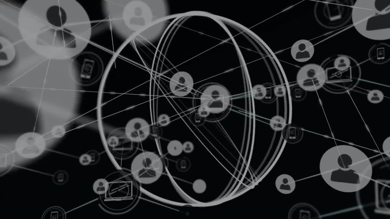 검은 바탕에 움직이는 원 위에 선으로 연결된 아이콘의 애니메이션