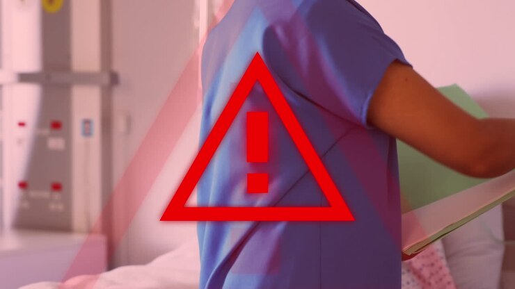 Red triangle warning sign over doctors taking care of patients in a hospital in background