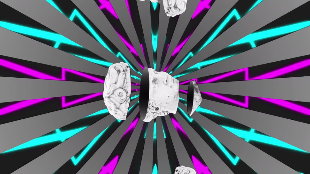 animación de antiguas esculturas de cabezas cortadas sobre formas abstractas girando