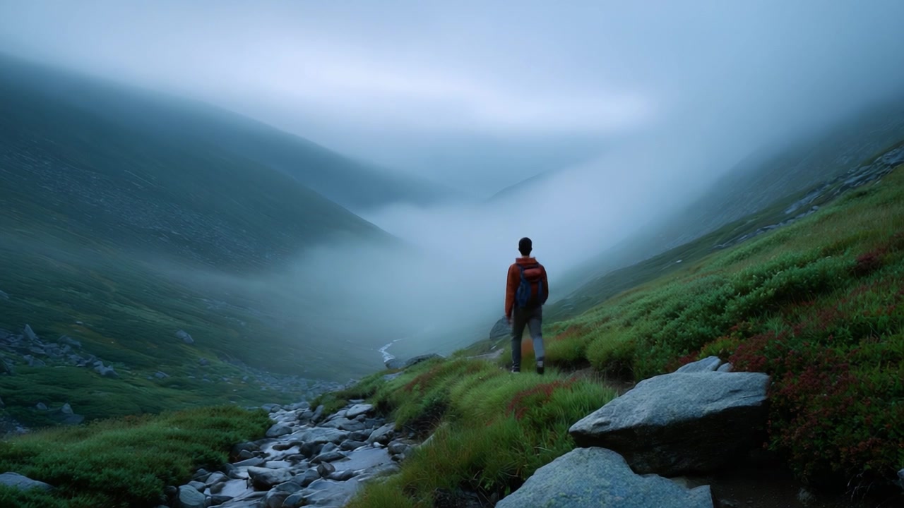 A solitary figure wanders through a mystical valley enveloped in dense fog, surrounded by lush greenery and rocky terrain, capturing the essence of tranquility and exploration.