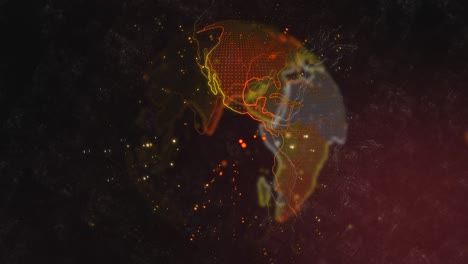 concepto de apretón de manos, apretones de manos de dos hombres de negocios en pixel 3d animación del planeta tierra. globo giratorio, continentes brillantes, la futura conexión de las personas a través de acuerdos de comercio y venta.