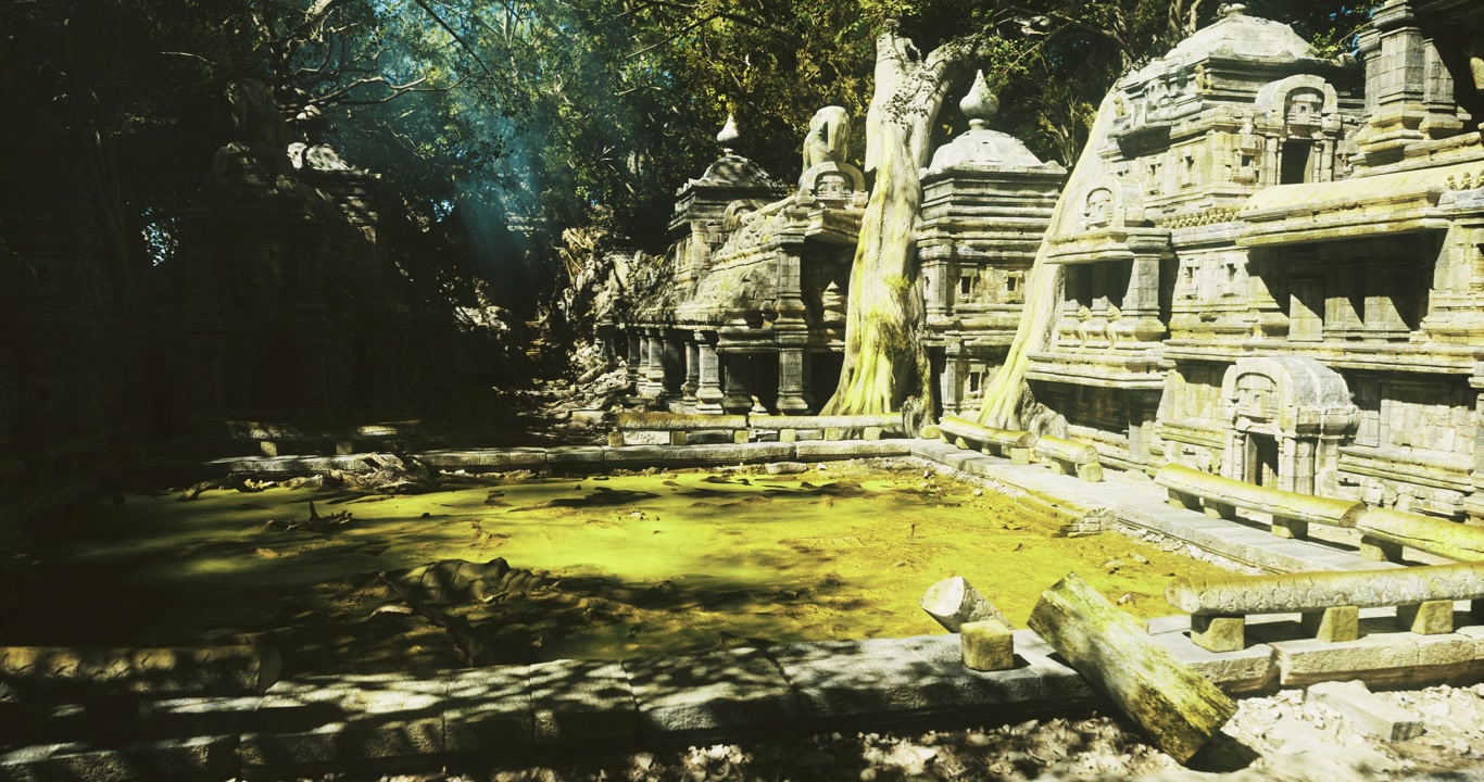 Secluded sandstone temple ruins with reflective pond and dappled sunlight
