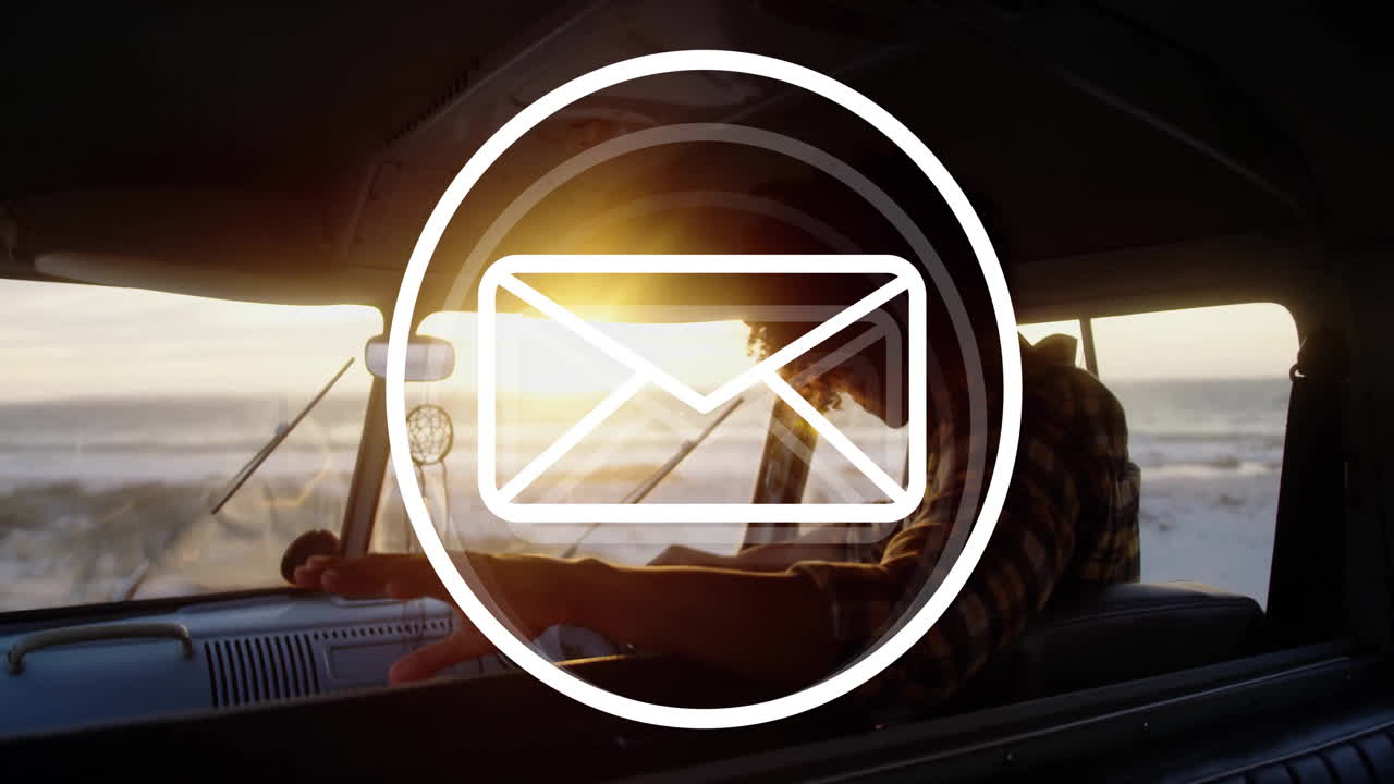 Envelope icon animation over person sitting in vehicle by beach