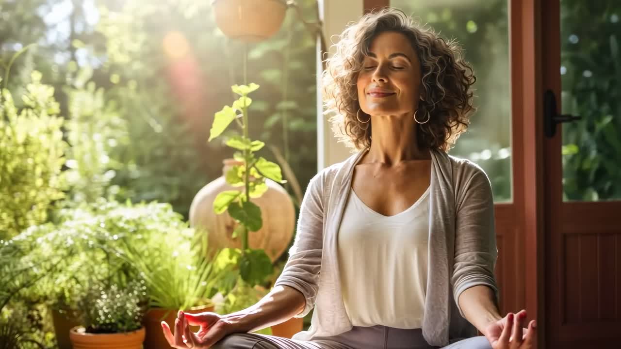 Una scena video serena di una donna che medita in un giardino illuminato dal sole