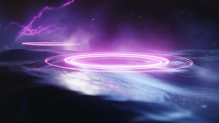 A captivating visual of swirling, illuminated rings pulsating in the midst of dark waters, surrounded by mesmerizing purple and blue hues, creating a mystical atmosphere filled with energy