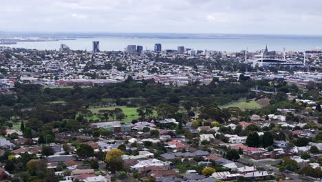 AERIAL-Downtown-Geelong-City,-Barwon-River,-Kardinia-Park-and-Corio-Bay