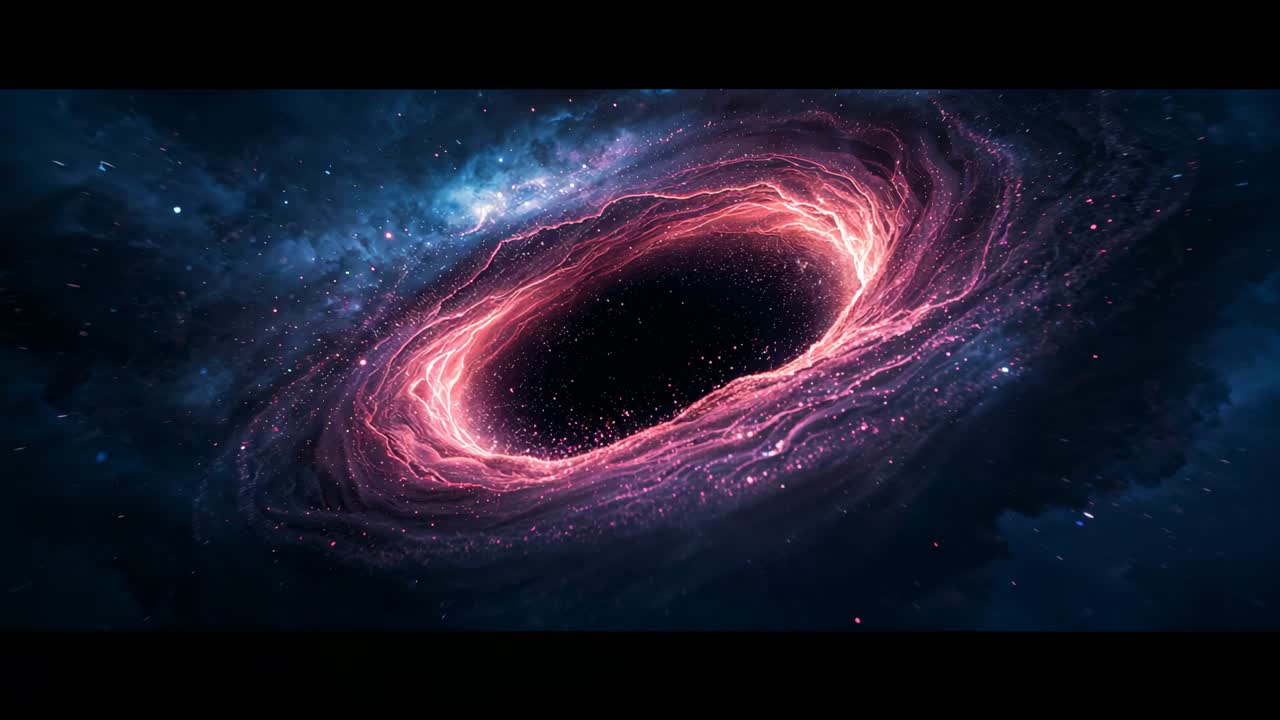 Forming circular void rimming with pink gas, swirling vortex spiraling inward in space by gravity