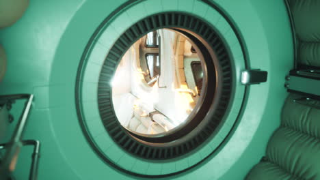 view of the interior of a space station showing unique circular window