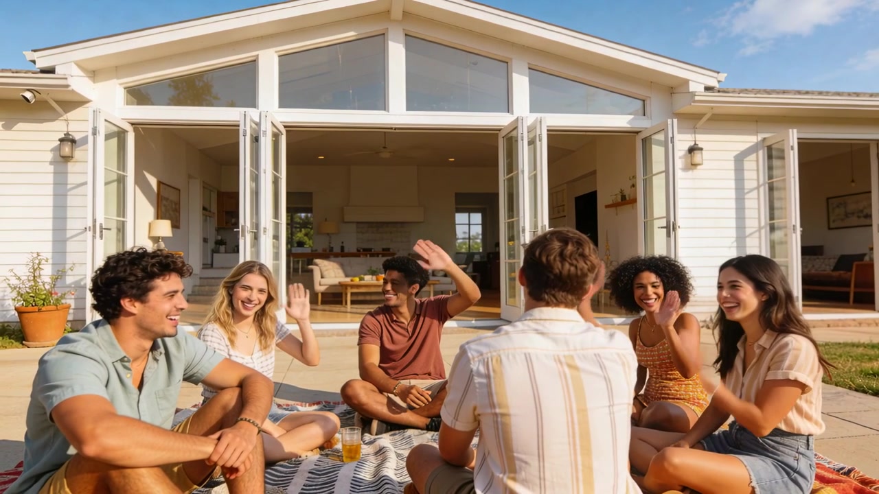 Alzando la mano destra, uomo sullo sfondo che saluta gli amici facendo cenni, ridendo su un patio con coperta, in pantaloncini