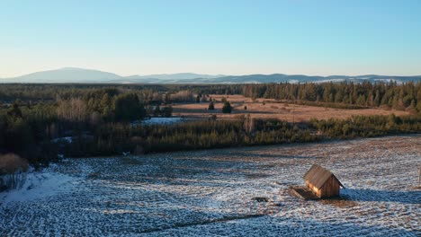 remote cottage on open field with beautiful pine forest during sunset