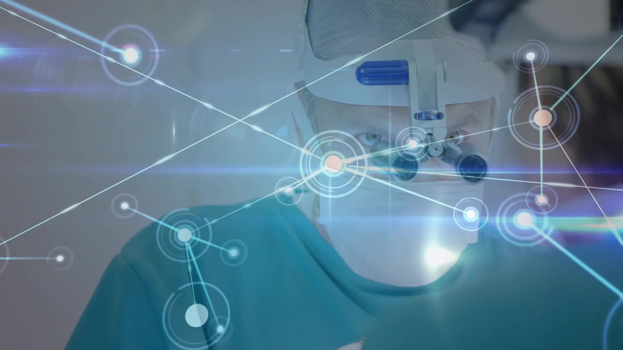Animazione di rete di connessioni su chirurghi caucasici durante un intervento chirurgico.