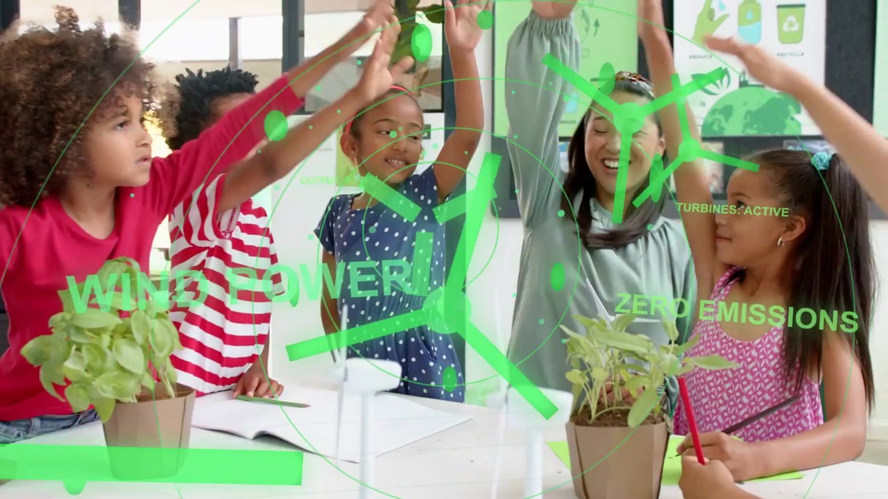 Vertical video: Tutor cueing kids touching model, stacking, AR overlay teaching wind power in class