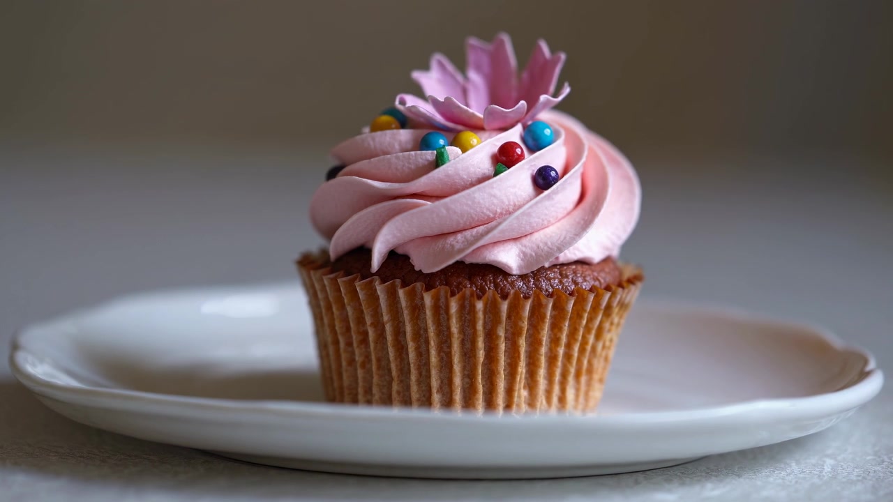 Cupcake Rosa com Cobertura em um Prato Branco