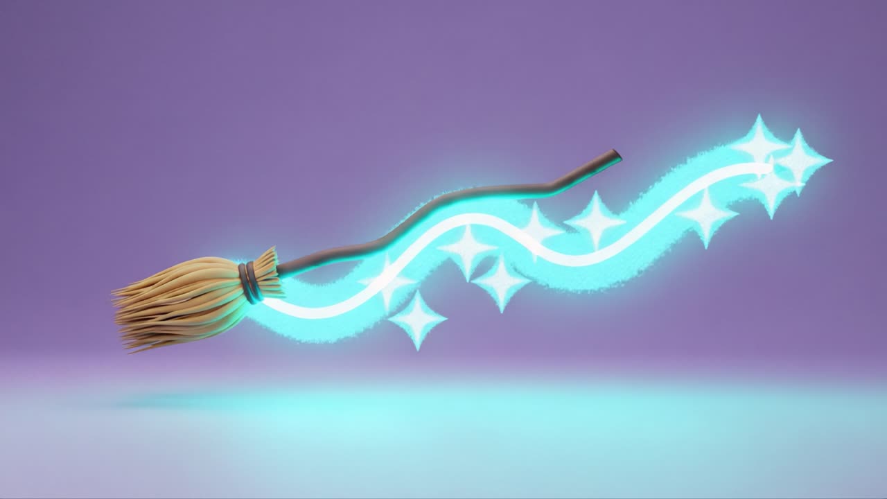 A magical broom gliding through space, leaving a shimmering trail of sparkles and light, showcasing a blend of reality and fantasy in a captivating visual experience
