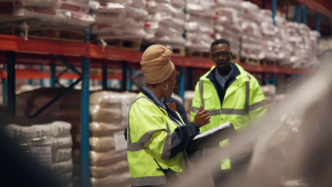 Diverse Team of Warehouse Workers Inspecting Inventory