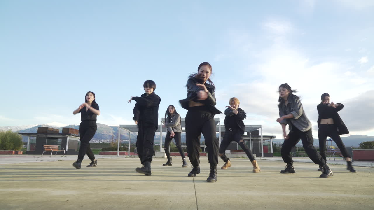 Young STREET PERFORMER performing on the street. Seven chinese teenagers dancing kpop