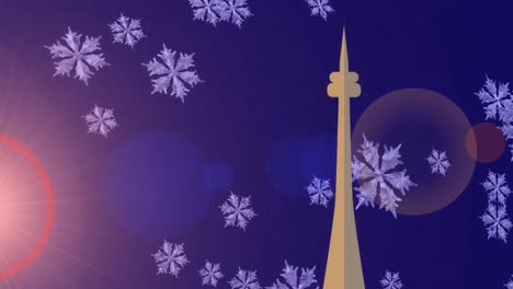 Animation-of-snow-falling-over-light-and-tower-over-violet-background