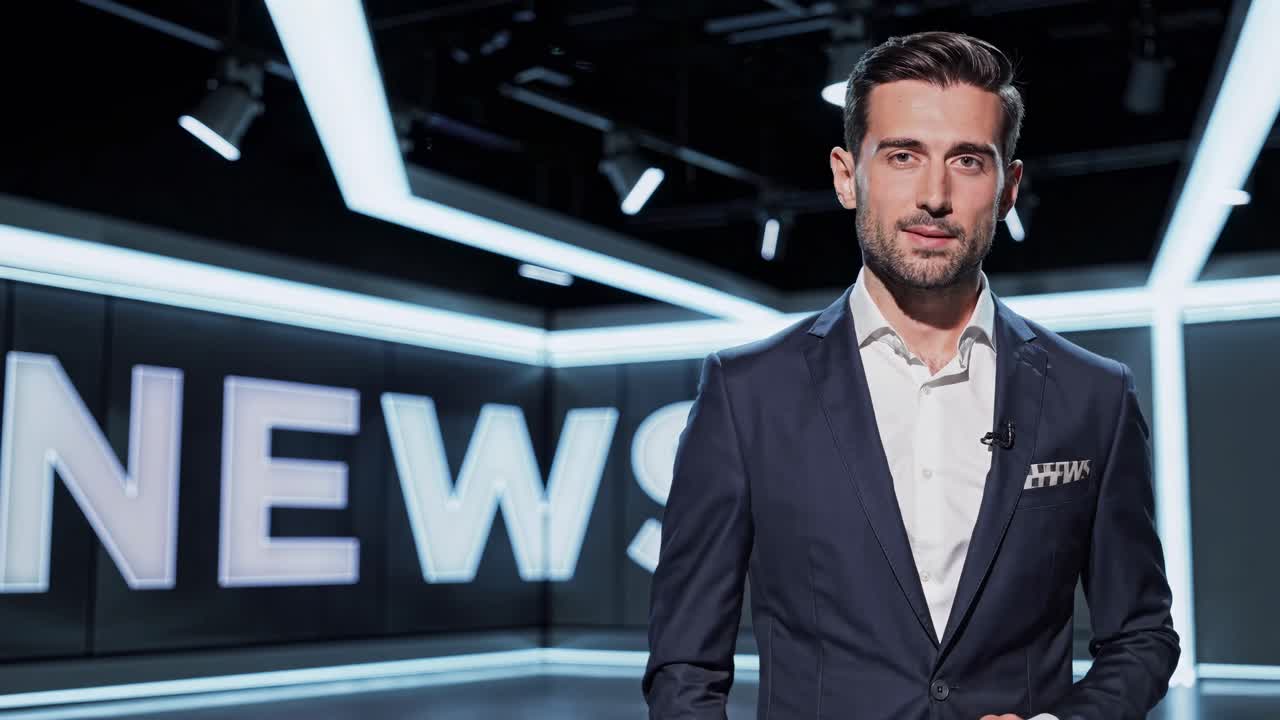 Un presentatore di telegiornale è in piedi in uno studio moderno con luci LED luminose