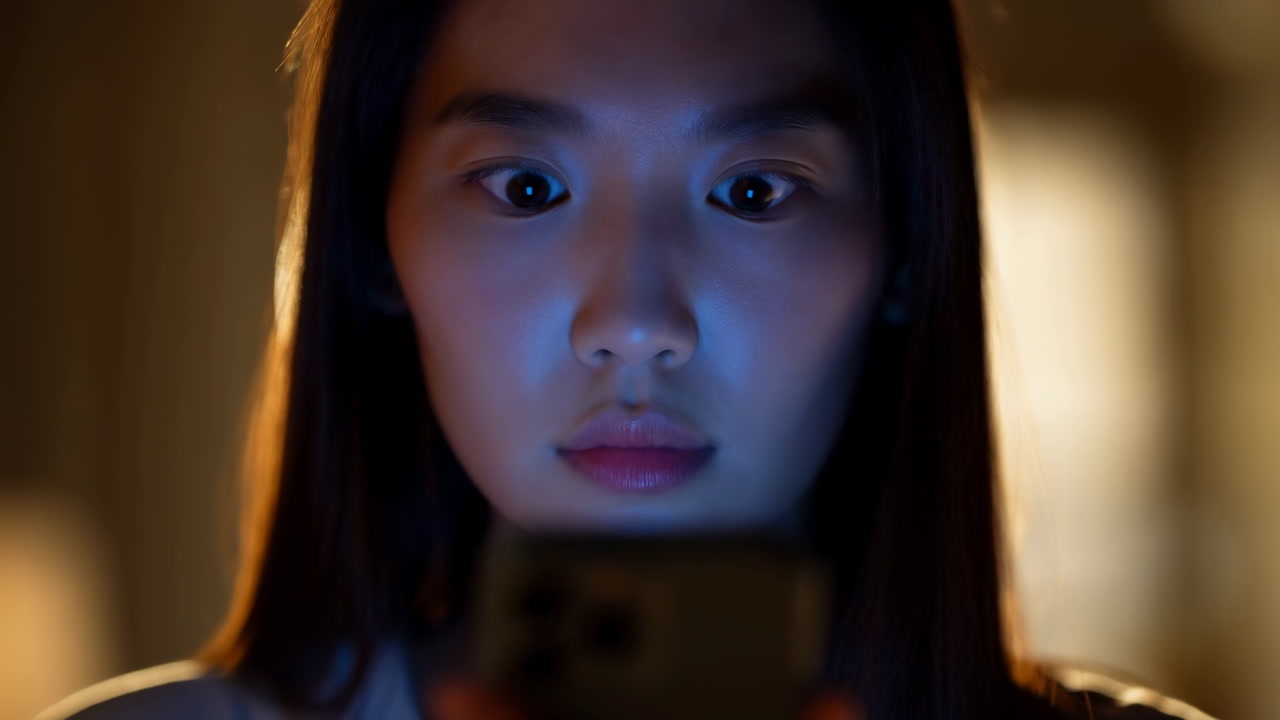 Asian Woman Illuminated By Phone Screen, Student In Dim Bedroom, Blue Screen Glow On Face, Wideeyed Surprised