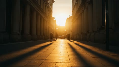 golden hour serenity: captivating sunlight illuminates a peaceful urban street, casting long shadows as people walk and enjoy the splendor of the evening