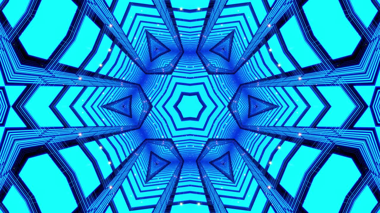 el fondo del kaleidoscopio abstracto con formas simples patrón periódico. holograma patrón complejo como kaleidoscope. luz de neón o gradiente de color azul brillante. líneas y forma simple. simetría estelar.