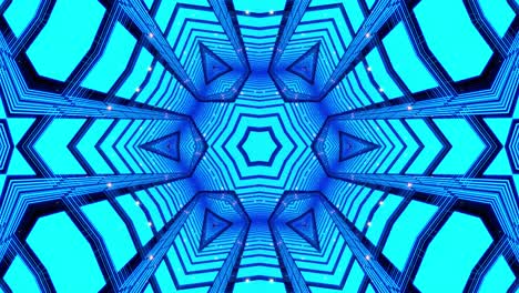 vj abstract kaleidoscope background with simple shapes periodic pattern. Hologram complex pattern as kaleidoscope. Neon light or glow blue color gradient. Lines and simple form. Star simmetry.